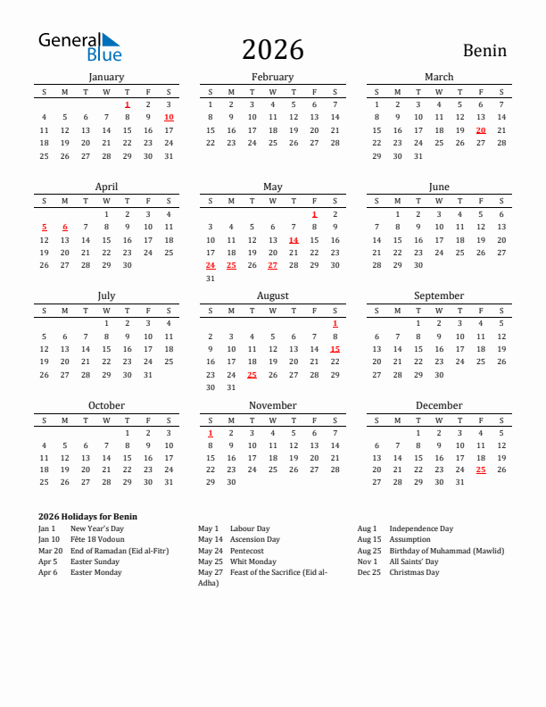 Benin Holidays Calendar for 2026