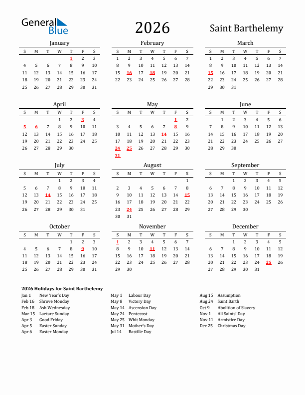 Saint Barthelemy Holidays Calendar for 2026