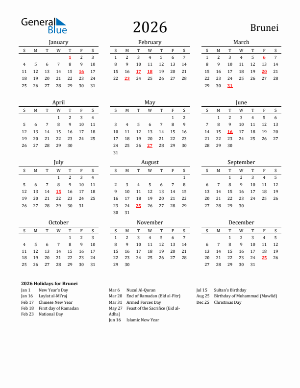 Brunei Holidays Calendar for 2026