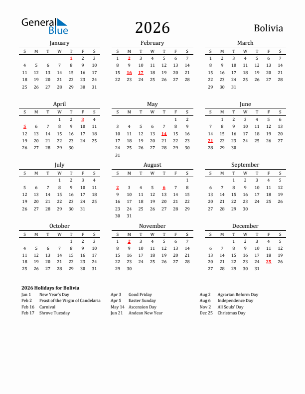 Bolivia Holidays Calendar for 2026