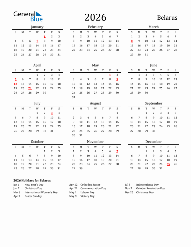 Belarus Holidays Calendar for 2026