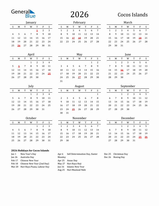 Cocos Islands Holidays Calendar for 2026