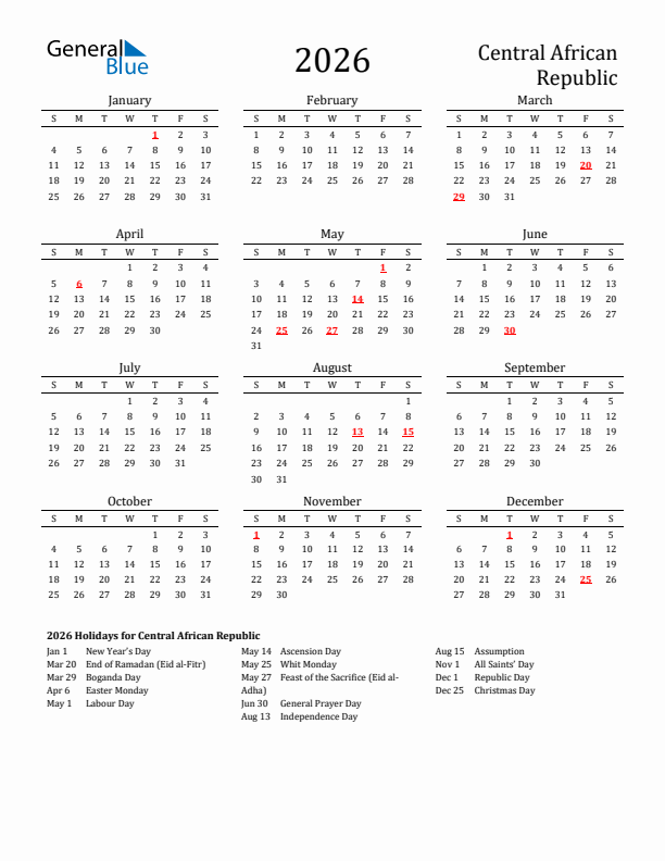 Central African Republic Holidays Calendar for 2026
