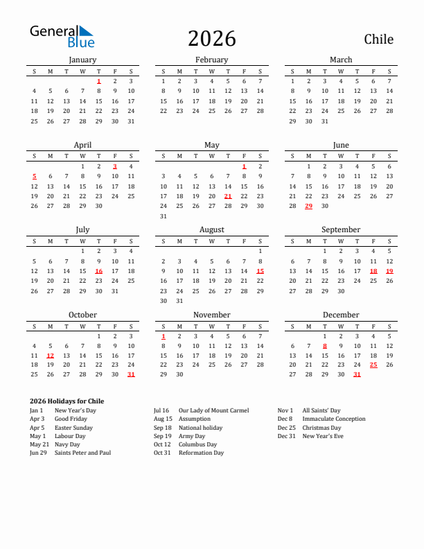 Chile Holidays Calendar for 2026