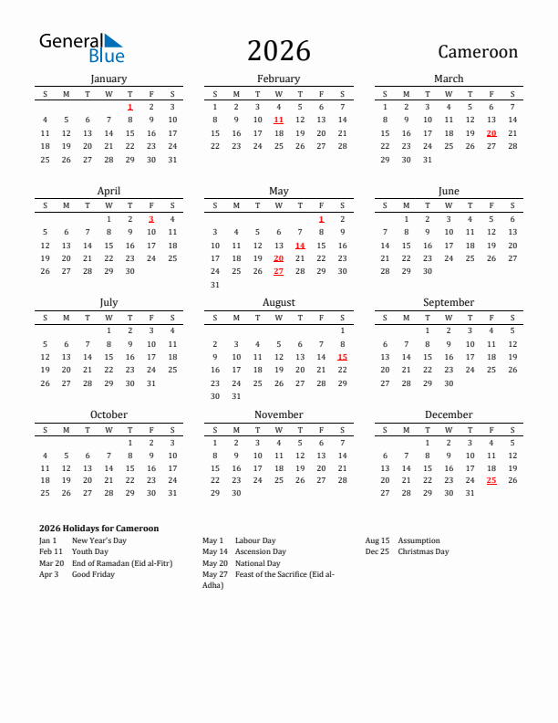Cameroon Holidays Calendar for 2026
