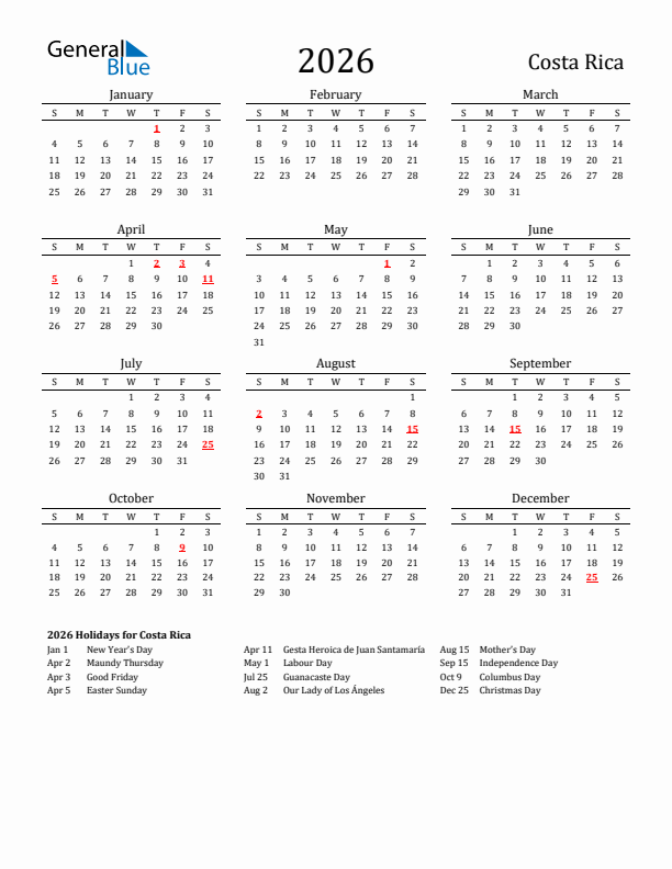 Costa Rica Holidays Calendar for 2026
