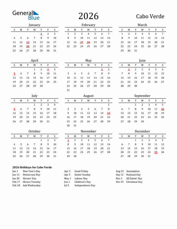 Cabo Verde Holidays Calendar for 2026