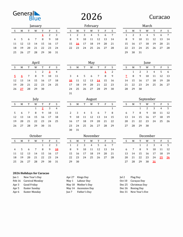 Curacao Holidays Calendar for 2026
