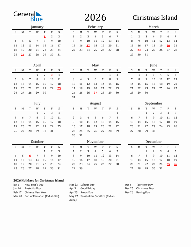 Christmas Island Holidays Calendar for 2026