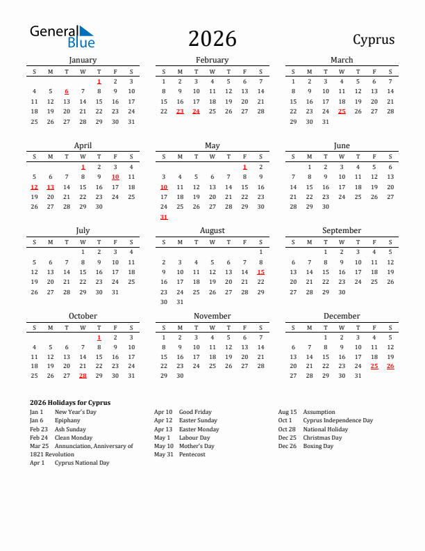 Cyprus Holidays Calendar for 2026