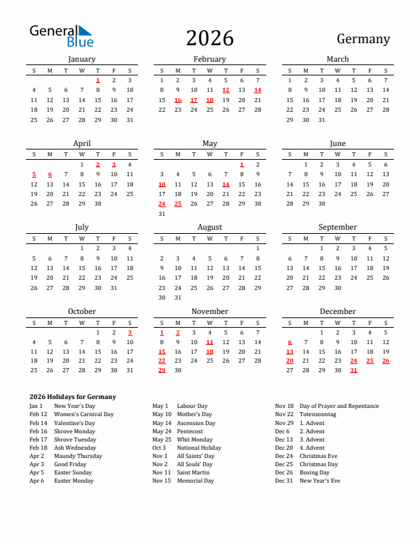 Germany Holidays Calendar for 2026