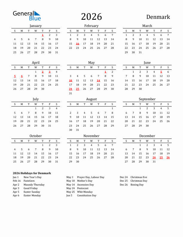 Denmark Holidays Calendar for 2026