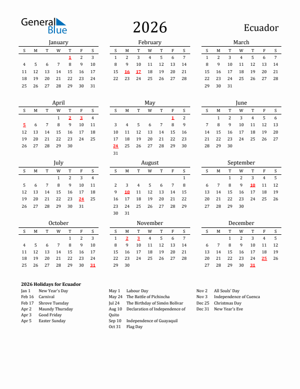 Ecuador Holidays Calendar for 2026