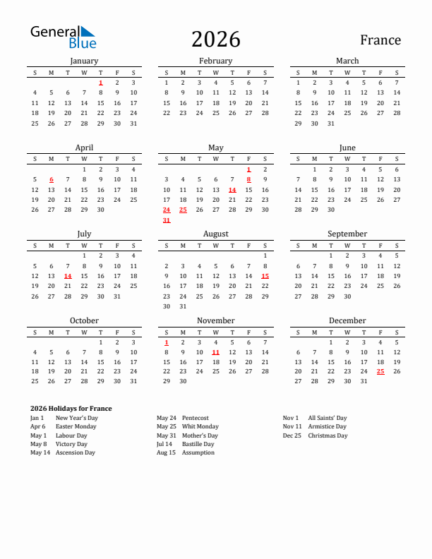 France Holidays Calendar for 2026