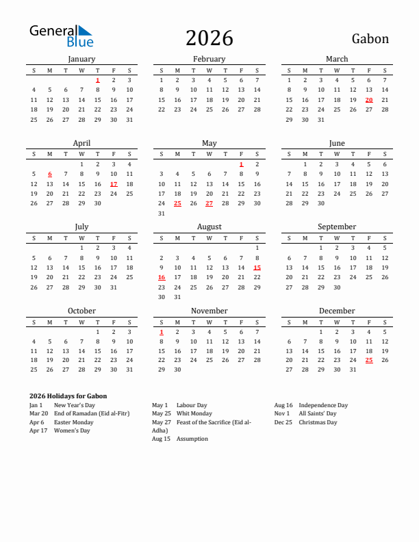 Gabon Holidays Calendar for 2026