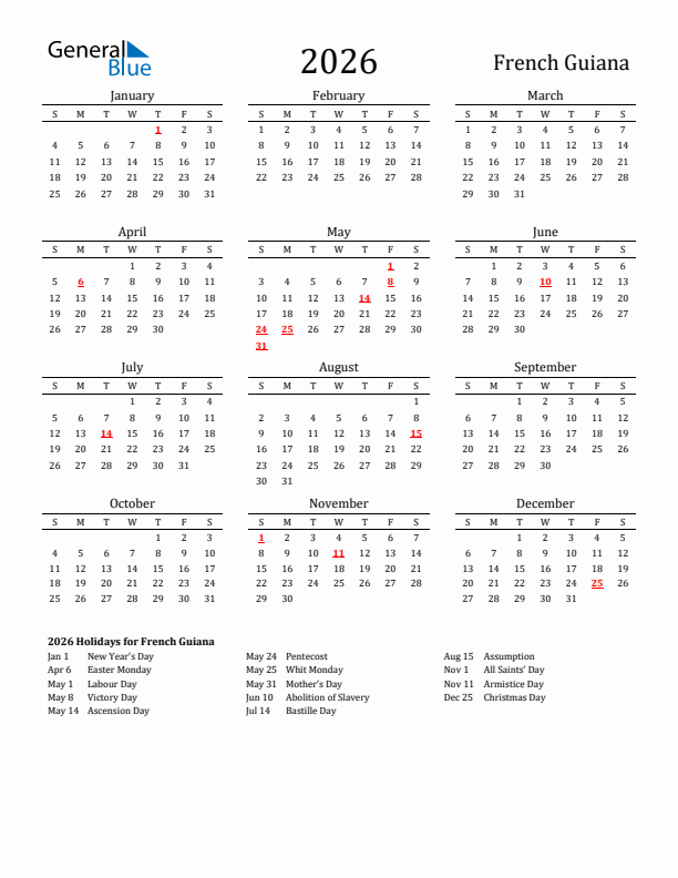 French Guiana Holidays Calendar for 2026