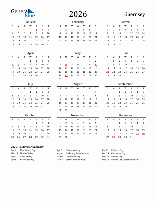 Guernsey Holidays Calendar for 2026