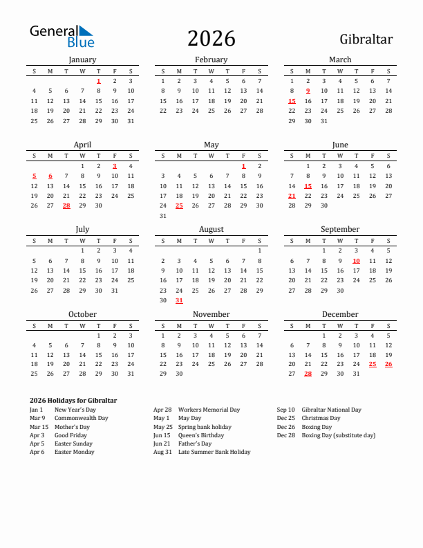 Gibraltar Holidays Calendar for 2026