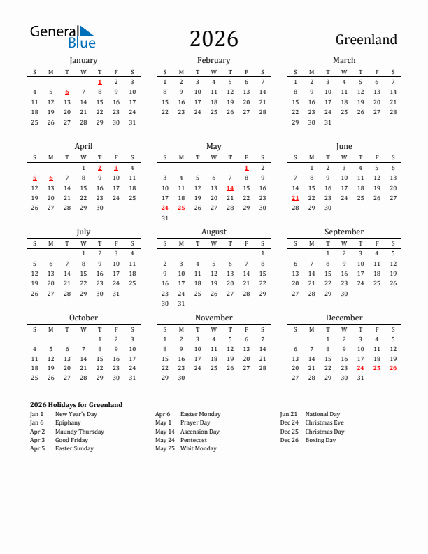 Greenland Holidays Calendar for 2026