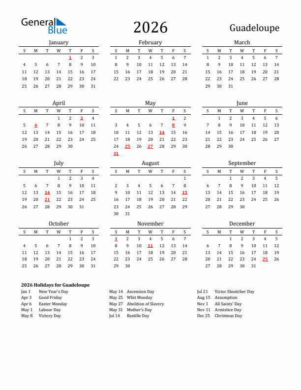 Guadeloupe Holidays Calendar for 2026