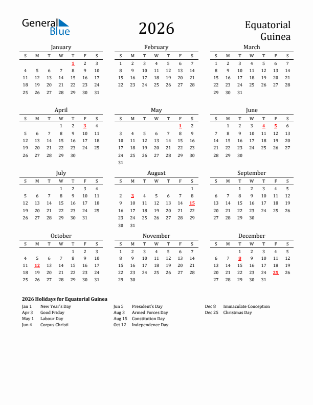 Equatorial Guinea Holidays Calendar for 2026