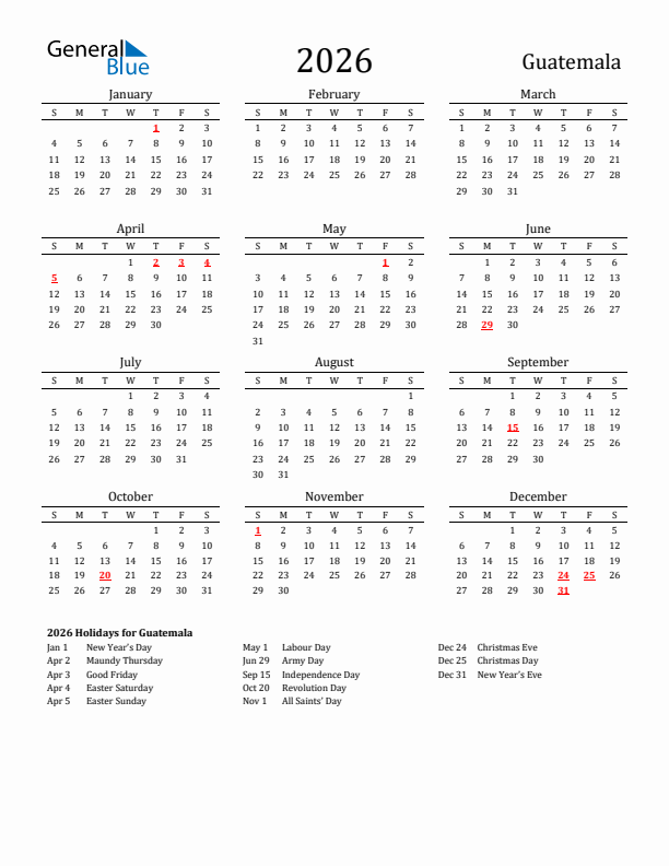 Guatemala Holidays Calendar for 2026