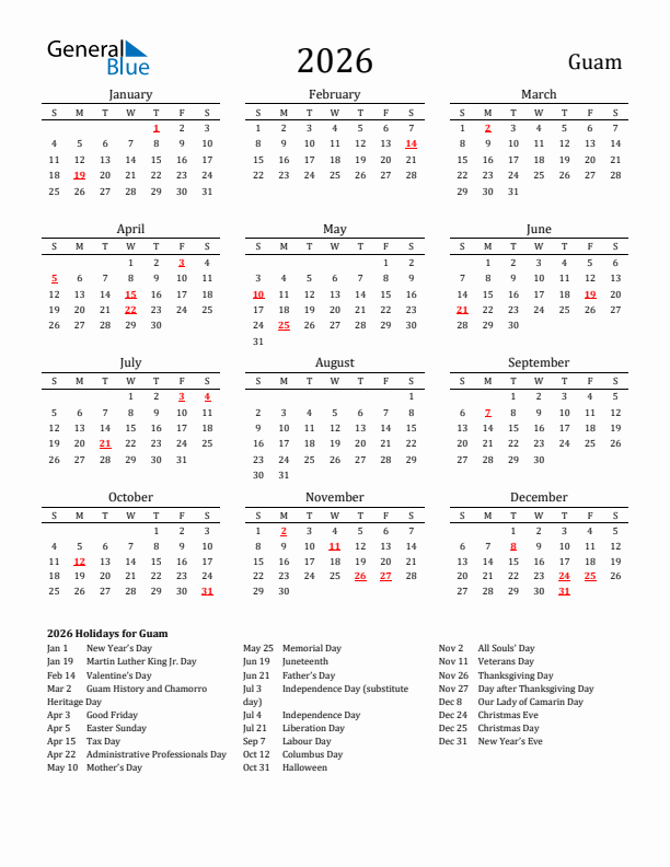 Guam Holidays Calendar for 2026