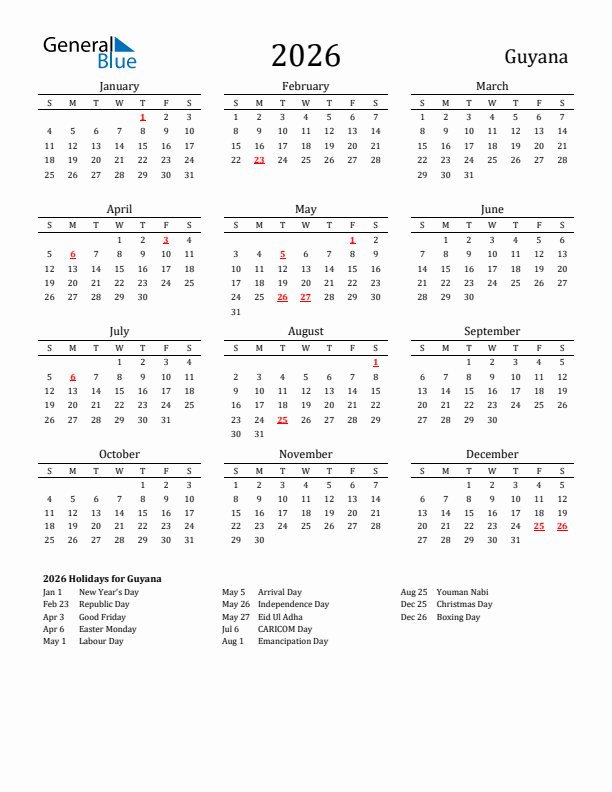 Guyana Holidays Calendar for 2026