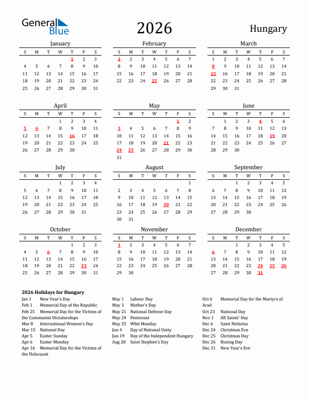 Hungary Holidays Calendar for 2026