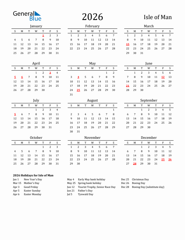 Isle of Man Holidays Calendar for 2026