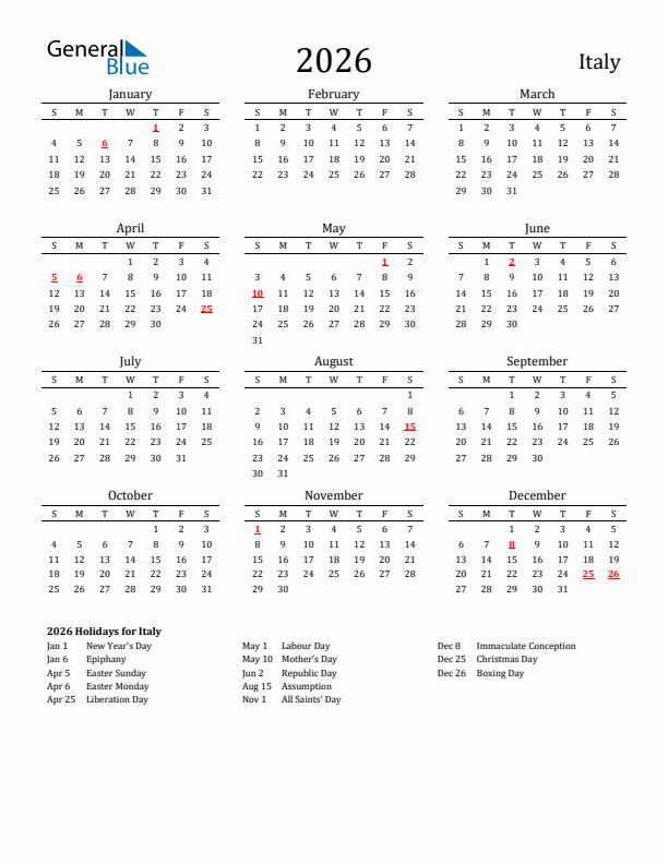 Italy Holidays Calendar for 2026
