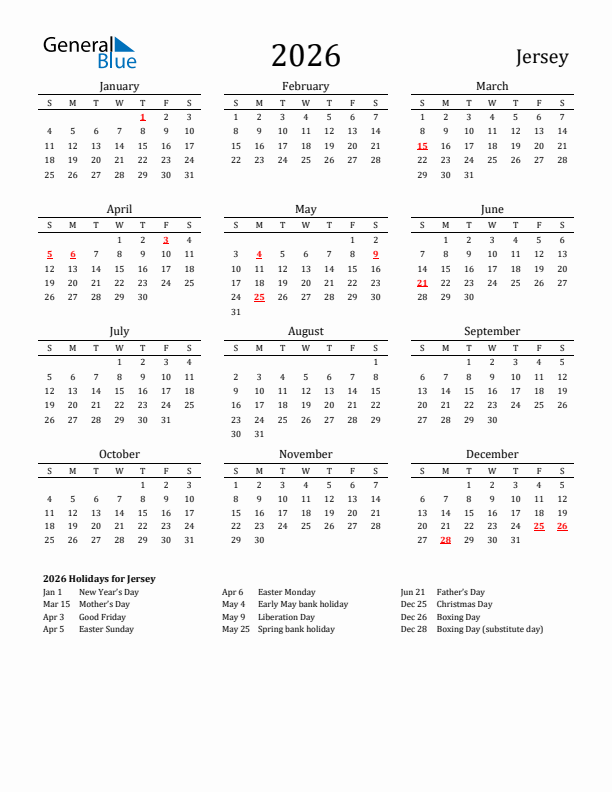 Jersey Holidays Calendar for 2026