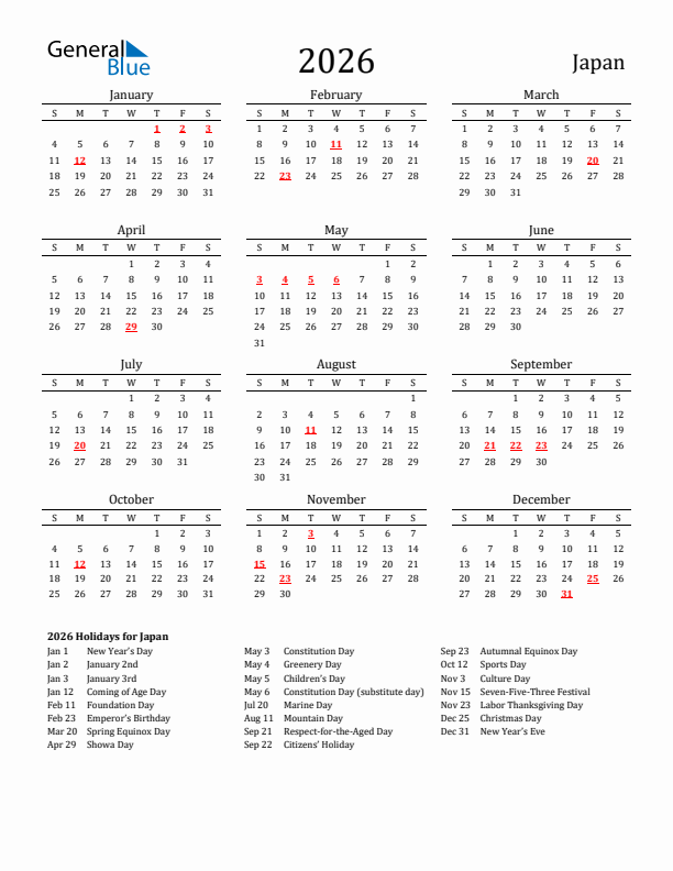 Japan Holidays Calendar for 2026