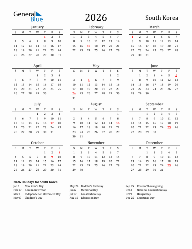 South Korea Holidays Calendar for 2026