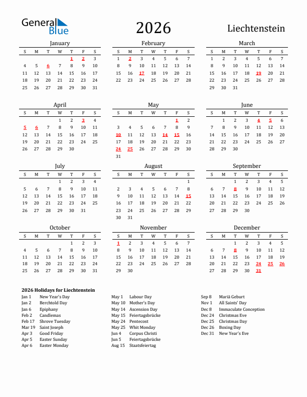 Liechtenstein Holidays Calendar for 2026
