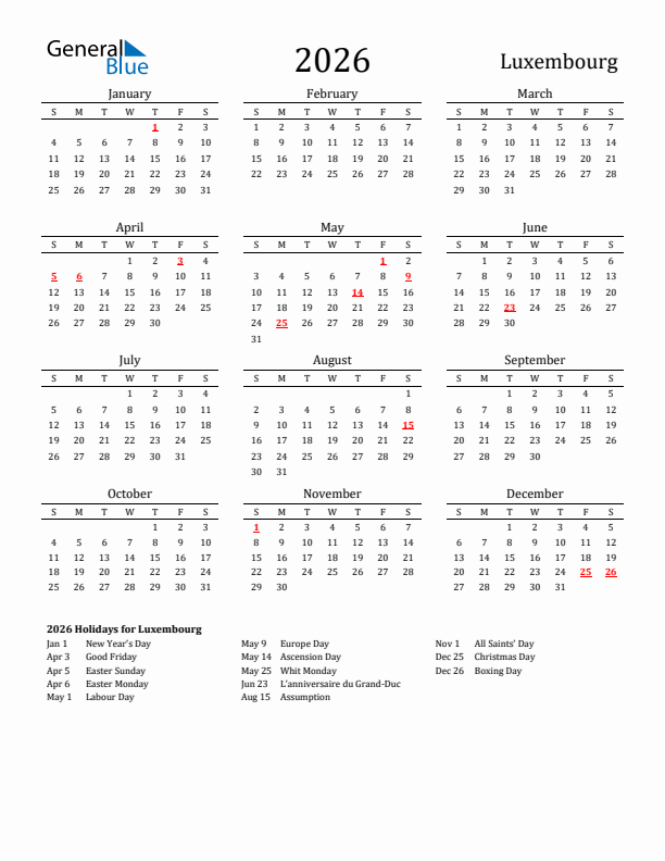 Luxembourg Holidays Calendar for 2026