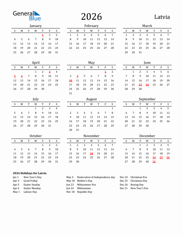 Latvia Holidays Calendar for 2026