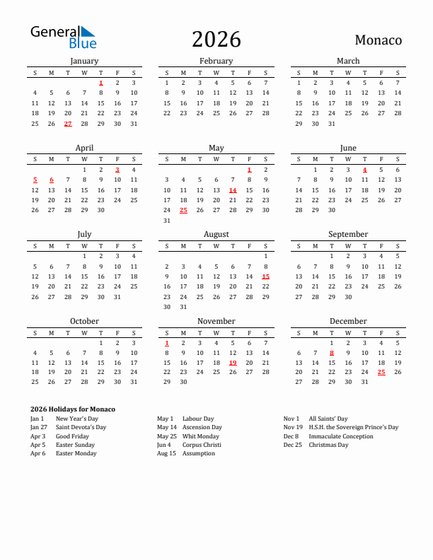 Monaco Holidays Calendar for 2026