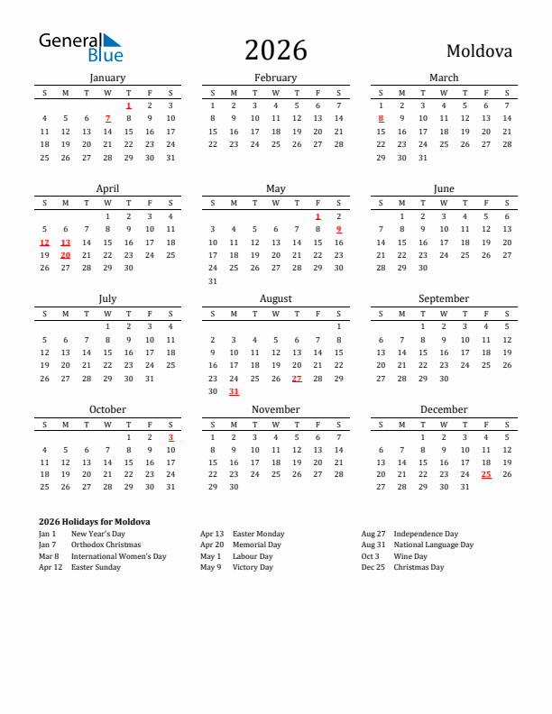 Moldova Holidays Calendar for 2026