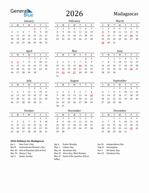 Madagascar Holidays Calendar for 2026