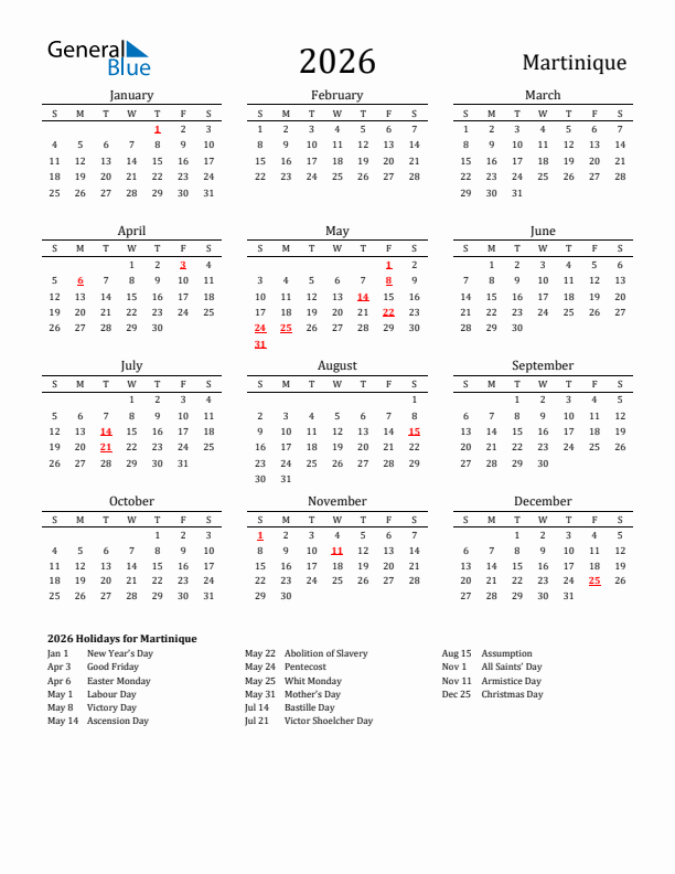 Martinique Holidays Calendar for 2026