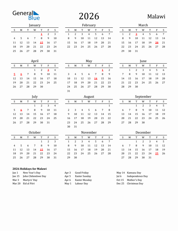 Malawi Holidays Calendar for 2026