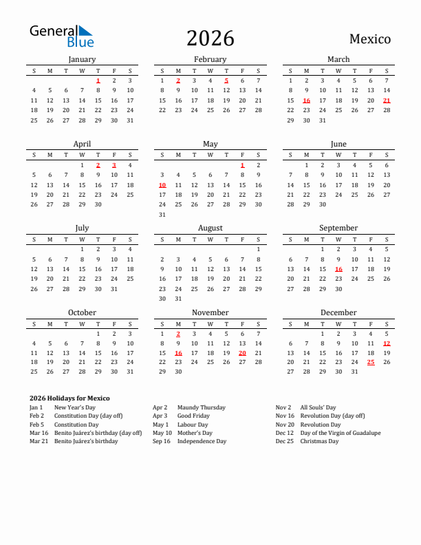 Mexico Holidays Calendar for 2026