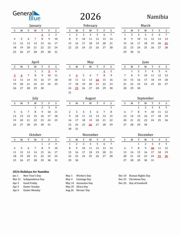 Namibia Holidays Calendar for 2026