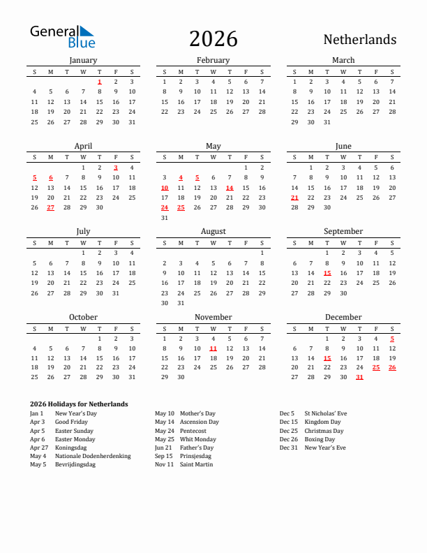 The Netherlands Holidays Calendar for 2026