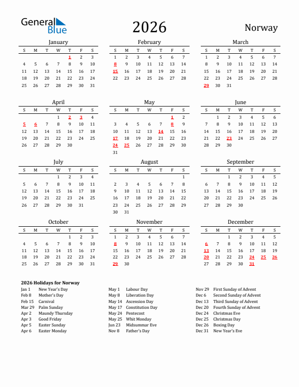 Norway Holidays Calendar for 2026