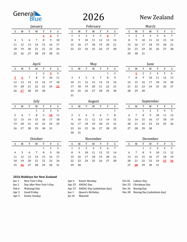 New Zealand Holidays Calendar for 2026