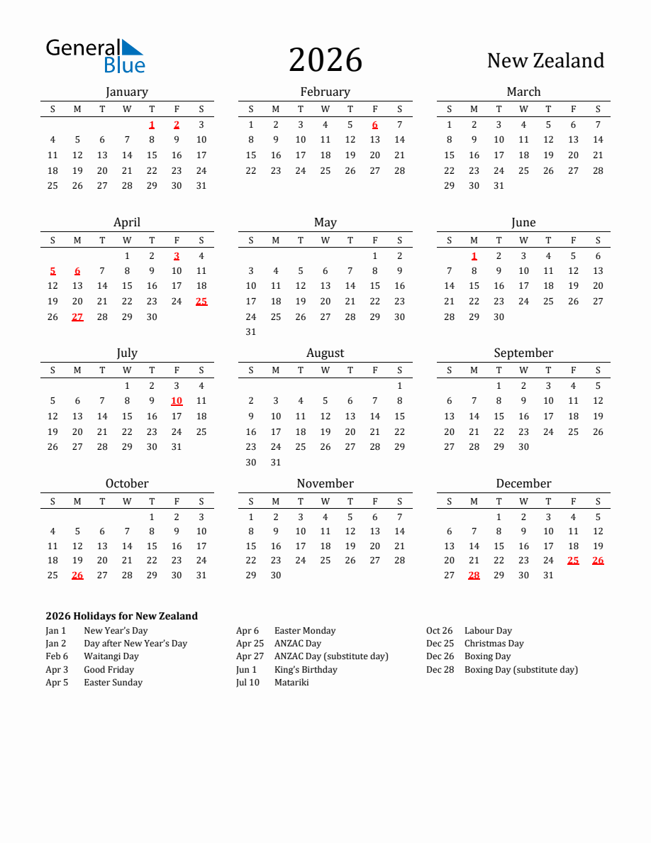 Free New Zealand Holidays Calendar for Year 2026