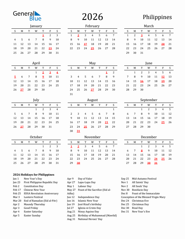 Philippines Holidays Calendar for 2026