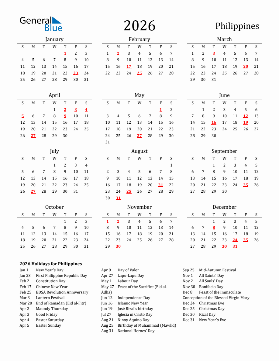 Free Philippines Holidays Calendar for Year 2026